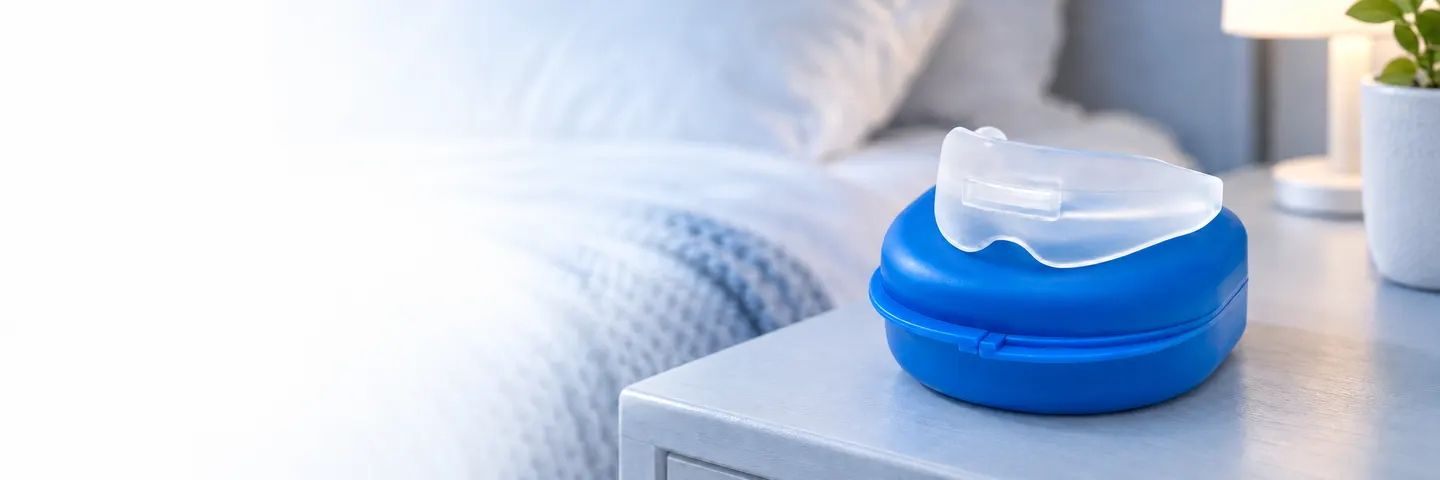 Protetor bucal transparente sobre o estojo azul na mesa de cabeceira